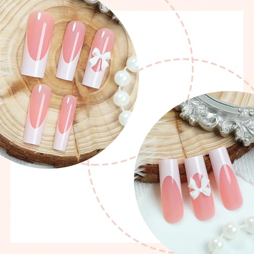 White French Tip Press On Nails with 3D Bow Knot Glossy Pink
