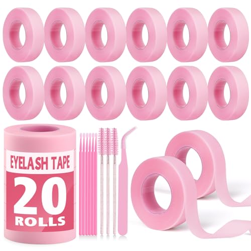 NEOACT Pink Lash Tape for Eyelash Extensions - 20 Rolls Breathable PE Micropore Tape