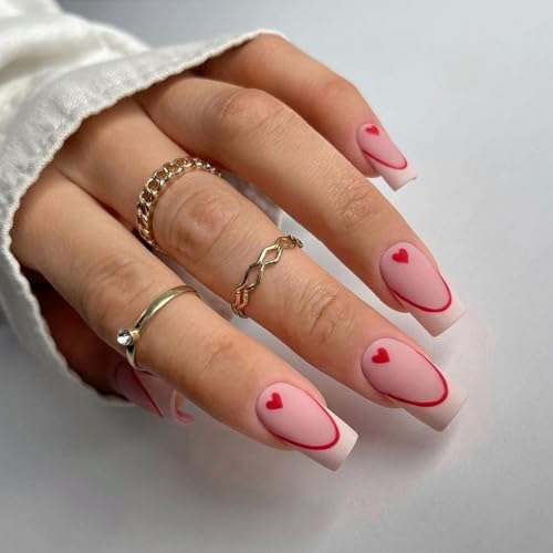 Valentine Press On Nails Medium Square French Tip Heart Fake Nails 24Pcs