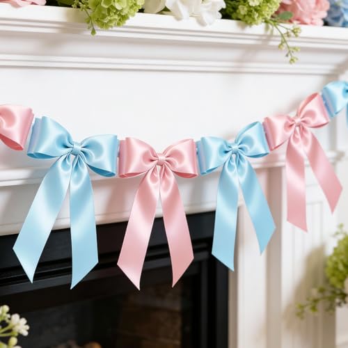 Pink & Blue Bow Garland Banner - 8 Pre-Strung Satin Bows