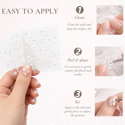 3D White Flower Nail Art Stickers with Rhinestones - 30 Sheets Self-Adhesive Floral Decals