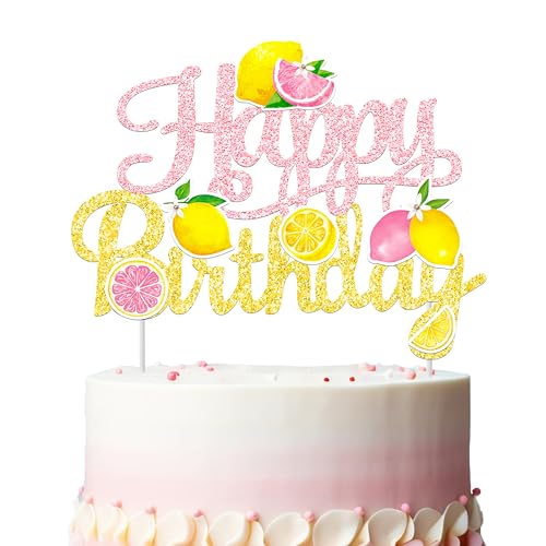 Pink & Gold Glitter Lemon Happy Birthday Cake Topper