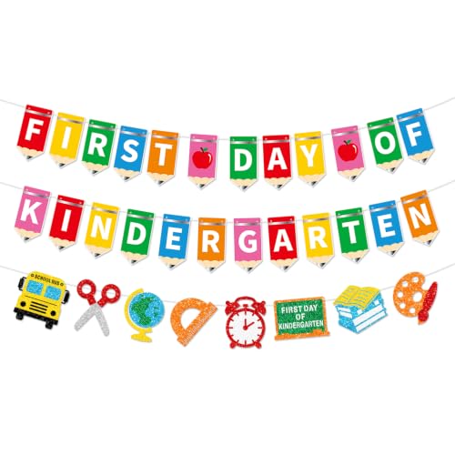 First Day of Kindergarten Glitter Banner - Pre-Assembled School Party Decor