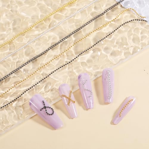 Metal Nail Chains for Nail Art - 12 Strips Gold, Silver & Black 3D Charms