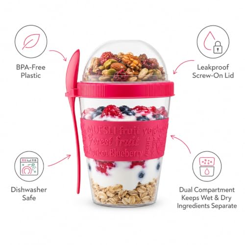 Tribello On-the-Go Yogurt Parfait Cups with Lids & Spoon - 20oz Red