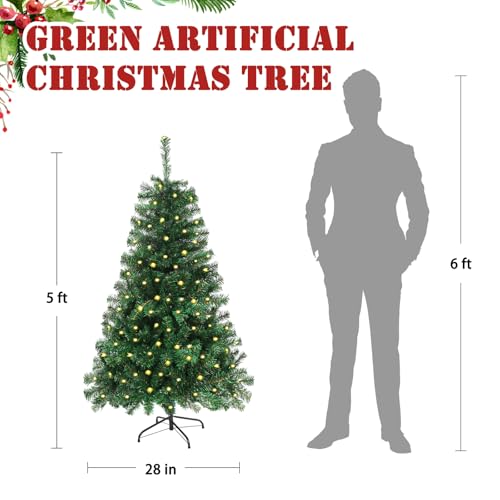 Pre-Lit Green Small Christmas Tree 5FT with 600 PVC Branches & 200 Warm Lights - Variation of Prelit Green / 5ft