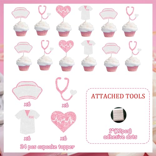 24-Piece Pink Nurse Graduation Cake Toppers Set - Stethoscope & Cap
