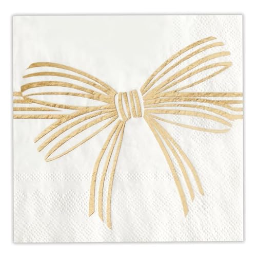 Gold Bow Cocktail Napkins - 20-Count Disposable Beverage Napkins