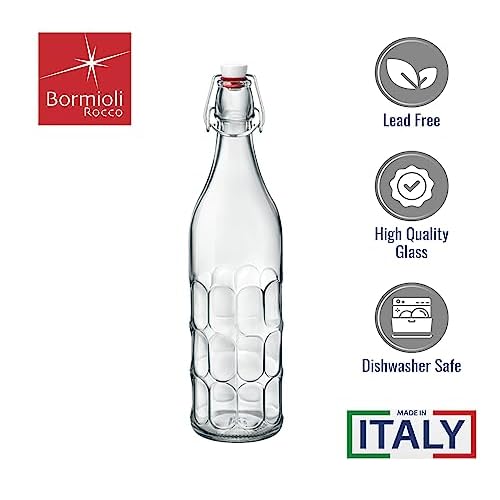 Bormioli Rocco Set Of 2 Moresca Bottles, 33.75 Oz. Clear Textured Glass, With Swing Top Hermetic Lid, Leak Proof Water Bottle, Dishwasher Safe, Made In Italy