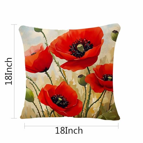 LAVVIEGO 18x18in Red Poppies Throw Pillow Cover - Floral Linen Blend Cushion