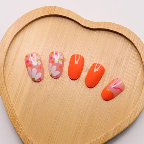Short Oval Press on Nails Orange Floral Gold Glitter False Nails