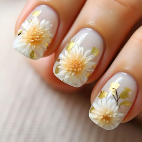 Short Square Press on Nails White Flower False Nails 24pcs