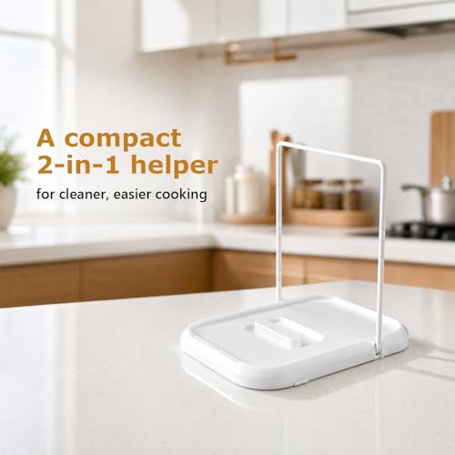 White 2-in-1 Foldable Pot Lid Holder with Spoon Rest for Kitchen Counter