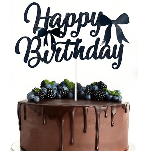 Elegant Black Glitter Bow Birthday Cake Topper for Girls