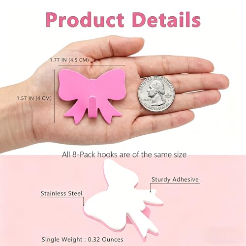 8 Pcs Pink Bow Knot Adhesive Wall Hooks - Cute Kawaii Decor for Hanging