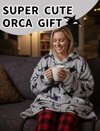 Killer Whale Blanket Hoodie for Women Men - Orca Whale Fleece Wearable Blanket