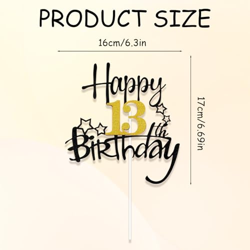 Happy 13th Birthday Cake Topper - Black & Gold Glitter Decoration