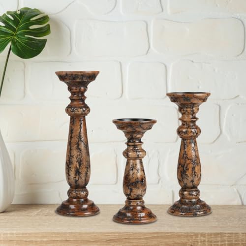 Natural Wooden Candle Holder Set of 3 - Tall Graduated Pillar Stands with Rustic Finish - 10, 12, 14 Inches