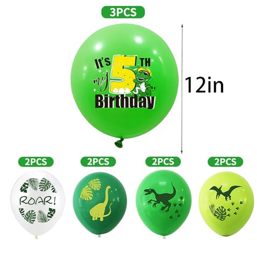 Dinosaur 4th Birthday Balloons 10-Piece White and Green Latex Set