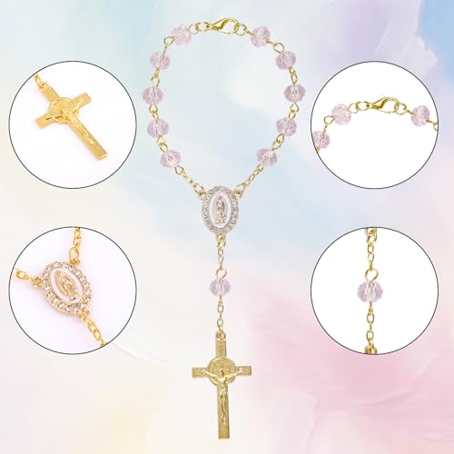 Pink Mini Car Rosary with Cross Pendant for Rearview Mirror