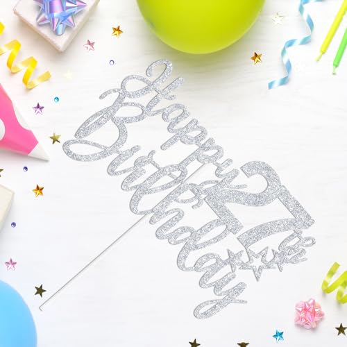 Happy 27th Birthday Cake Topper - Silver Glitter Decor