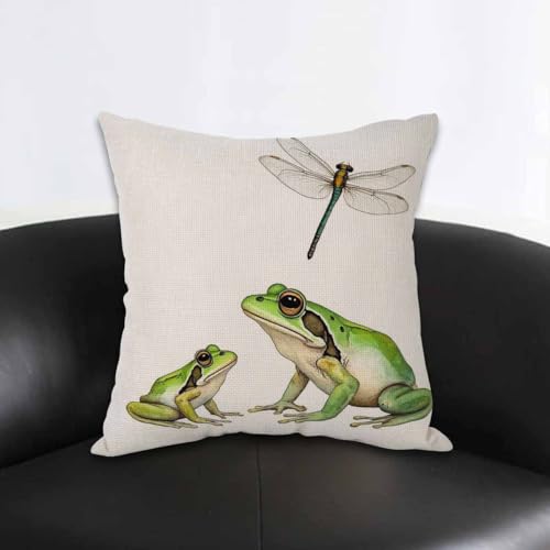 Frog and Dragonfly Watercolor Throw Pillow Cover, 18x18 Inch Cotton Linen