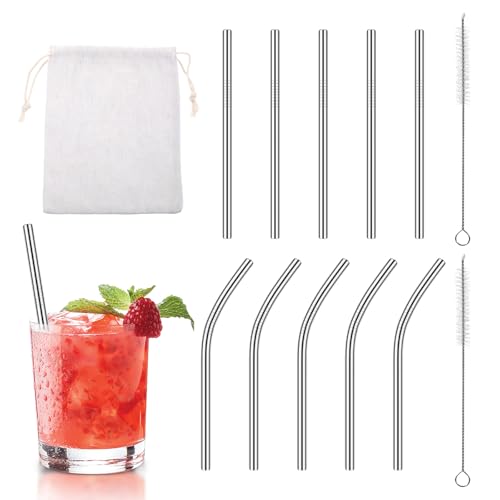 SynHHergyx Silver Reusable Stainless Steel Drinking Straws - 10 Pack, Short & Bent, with Cleaning Brushes