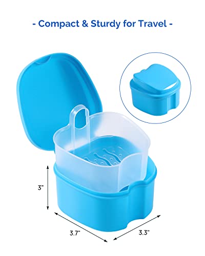 JMU Denture Bath Case with Strainer Basket, Light Blue Mouthguard Cup