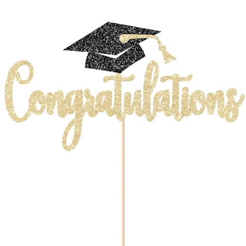 Gold Glitter Graduation Cake Topper for Class of 2026 - Congrats Party Decor