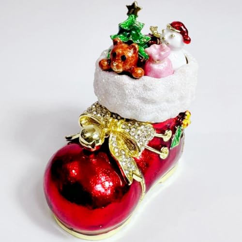 Hand Painted Enamel Santa Boots Trinket Box - Christmas Jewelry Storage - Red Variation