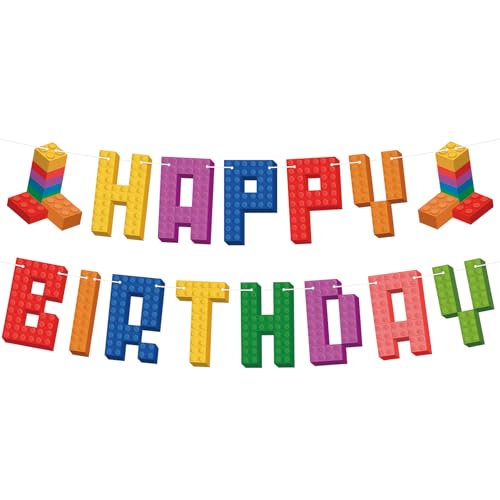 Building Block Happy Birthday Banner Colorful Brick Party Decorations