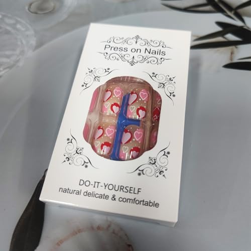 Red Love Heart Press on Nails Medium Square Glossy Fake Nails 24Pcs