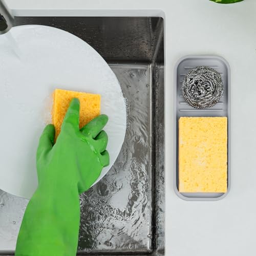 Zulay Kitchen Silicone Sponge Holder - 9x3.5in Grey Heavy-Duty Sink Caddy