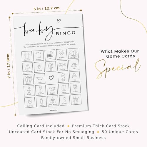 Baby Shower Bingo Game - Pre-Filled Cards for Girl or Boy, 50 Cards, Minimalist Design