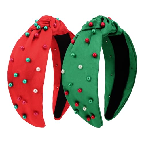Christmas Knotted Headbands - 2PCS Red & Green Pearl Beaded Hair Accessories