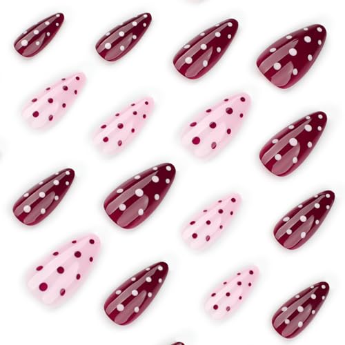 Pink Polka Dot Press on Nails Medium Almond Gel False Nails 24Pcs