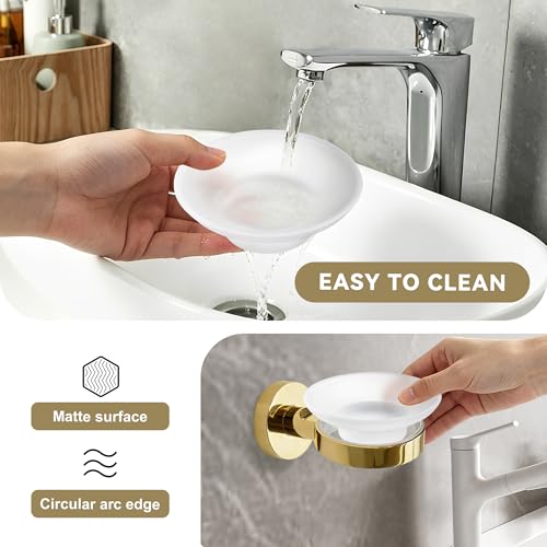 Wall Mounted Glass Soap Holder with Gold Stainless Steel Bracket