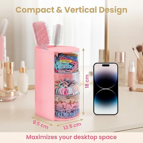 Hair Accessories Organizer with Rotating Brush Holder - 3-Tier Storage for Clips & Ties (Pink)
