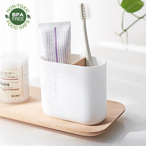 Rejomiik White Toothbrush Holder, Bamboo & Plastic Bathroom Organizer
