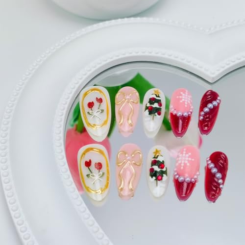Christmas Press on Nails Medium Almond Red French Tip False Nails 30Pcs