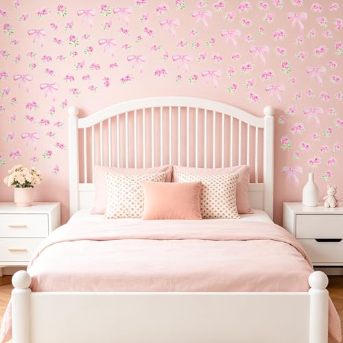 90 Pink Bow & Rose Wall Decals - Floral Peel & Stick Stickers