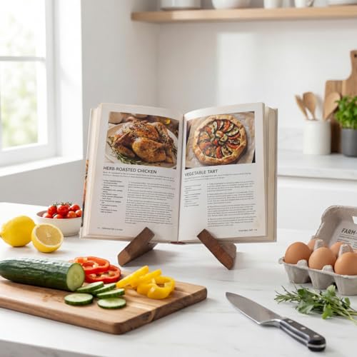 Rustic Wooden Cookbook Stand - Adjustable Recipe Holder for Kitchen