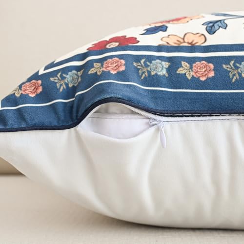 Blue Floral Chinoiserie Throw Pillow Covers Set of 2 20x12 Inches Velvet Spring Decor