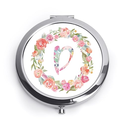 Personalized Floral Monogram Compact Mirror - QUSTGO Silver 2.75"