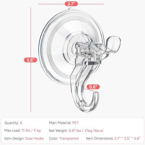 ANDGOO 4 Pack Clear Suction Cup Hooks for Shower, Holds up to 11 lbs, Reusable Bathroom Organizer