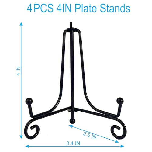 HENABLE 4-Inch Decorative Black Iron Plate Stands - 4 Pack Mini Easel Holders for Plates, Frames, and Cards
