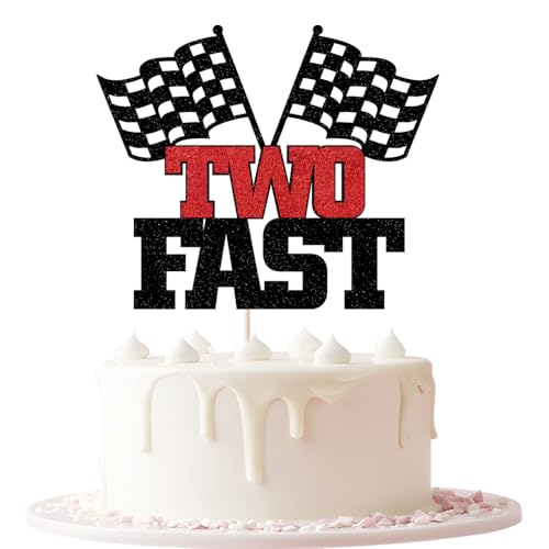 Two Fast Cake Topper - Black Glitter Race Car 2nd Birthday Decoration