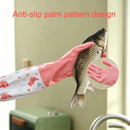 KINGFINGER PVC Flocked Dishwashing Gloves 2 Pairs Long Kitchen Gloves with Fleece Lining