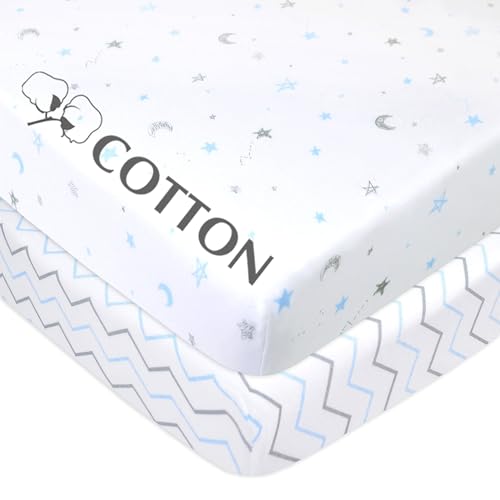 American Baby Company 2-Pack Fitted Mini Crib Sheets, Blue Star/Zigzag