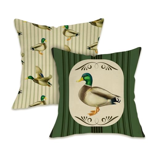 Vintage Mallard Duck Throw Pillow Covers 18x18, Set of 2 - Cotton Linen